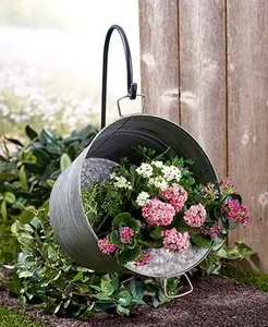 Galvanized metal Planter Floral Pot Garden Decorations Galvanized Round Tub Vintage Hooks 35 Inch Variations Black