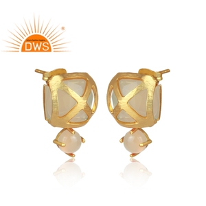 Natural White MoonStone <b>Set</b> Gold Plated Brass Classic Turkish Design Girl's Earrings Jewelry Supplier - Product Image 2
