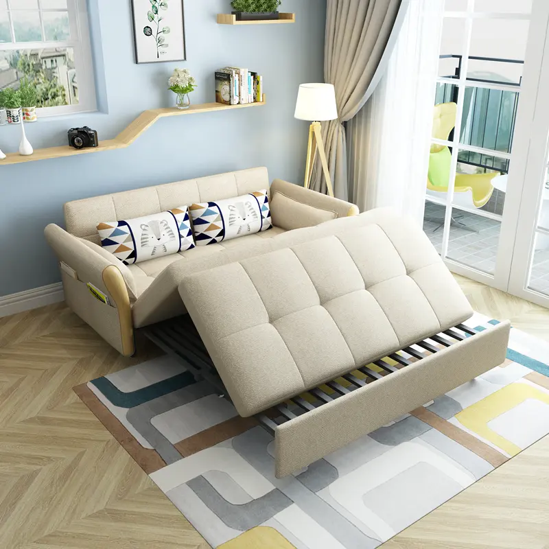Portable Folding Sofa Bed Solid Wood Frame Convertible Sofa Three Seat Sofa Cum Bed Living Room Furniture Couch