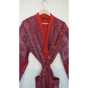 Chaqueta Kantha acolchada XL hecha a mano para mujer, abrigo largo de invierno de algodón con borde libre, Kimono, rompevientos para casa con cinturón de corbata para - Product Image 5