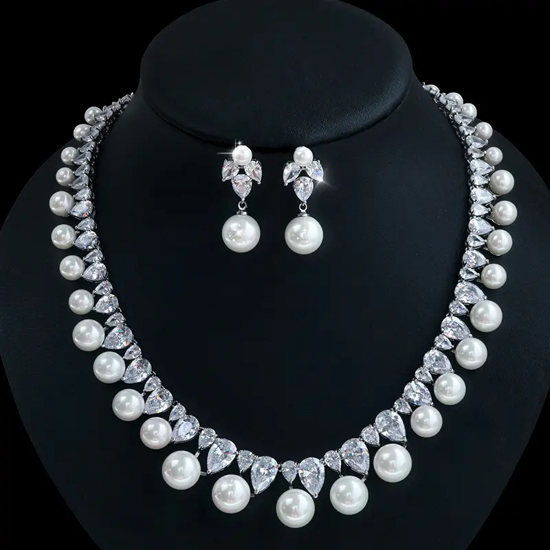 New Luxury Cubic Zirconia White Champagne Pearl Jewelry Set CZ Bridal Necklace Earrings Wedding Jewelry For Women In Party
