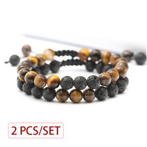 Pulsera de cuentas de la suerte para hombre, brazalete ajustable de 8mm, Ojo de Tigre, <span class=keywords><strong>Lava</strong></span>, piedra Rock, para aliviar la ansiedad, hecho a mano, 2 uds. - Product Image 1