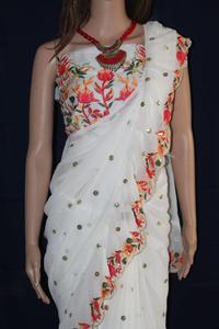 Hermosa ropa de fiesta de diseñador, trabajo con estampado de flores con Georgette, Sari de seda con blusa, Color marrón, ropa de mujer al mejor precio - Product Image 6