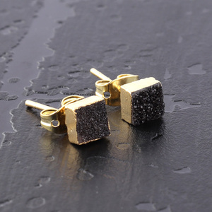 Zeva Jewels Wholesale Supply Natural Black Sugar Druzy Stud Earring Gold Electroplating <b>Edged</b> Minimalist Charms Stud Earrings - Product Image 4