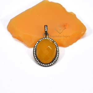 Colgante Vintage de Plata de Ley 925, Piedra Preciosa de Calcedonia Amarilla, Chapado en Rodio Negro, Forma Ovalada, Colgantes Finos de Confianza - Product Image 1