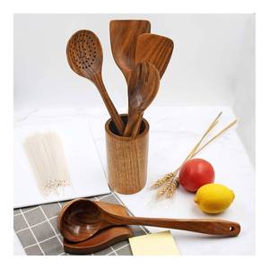 Ensemble de cuillères de cuisine modernes en bois avec organisateur, antiadhésives, compatibles lave-vaisselle, écologiques, 7 pièces, option logo personnalisé - Product Image 1