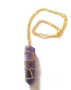 Colgante de lápiz de doble punta, piedra preciosa de amatista Natural, envoltura de alambre dorado, patrón Hexagonal, colgantes de moda, dijes a la venta - Product Image 3