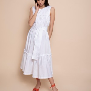 Vestido largo de la mejor calidad italiana, cuello redondo, sin mangas, doble volante, rizado, cada uno en un color diferente, para usar todo el día. - Product Image 6