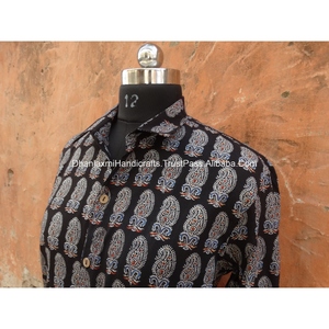 Camisa Negra de playa para hombre, camisa de manga larga con estampado de bloques Ajrakh, 100% algodón, de verano - Product Image 3