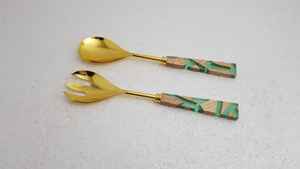 Juego de servidor de ensalada de acero inoxidable 18/8 estilo americano, herramienta decorativa chapada en oro para servir con mango de resina y madera, herramientas para ensalada - Product Image 5