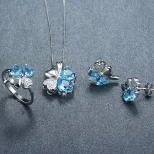 Set Perhiasan Perak Semanggi 925 dengan Batu Topaz Biru CZ