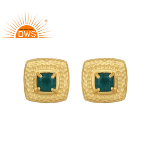Pendientes de Esmeralda Verde al por Mayor, Diseño Texturizado, Pendientes de Plata Chapados en Oro, Joyería, Colección Clásica - Product Image 1
