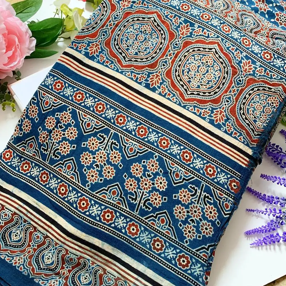 Tecido de algodão azul estampado, bloco de mão, tecido indiano, tecido de algodão