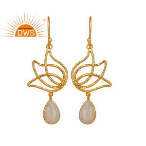 Boucle d'oreille en pierre de lune naturelle arc-en-ciel, livraison gratuite, plaqué or, argent Sterling, Design de Lotus, vente en gros - Product Image 1