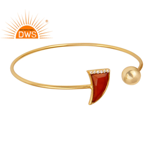 White Zircon & Red Onyx Gemstone <b>Adjustable</b> Designer Sterling Silver Sleek Cuff <b>Bracelet</b> <b>Gold</b> Plated Silver Jewelry Wholesaler - Product Image 1