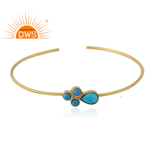 Bracelet en pierres précieuses Turquoise bleu ciel plaqué or jaune Bracelet de manchette de mode Fournisseur de bijoux en laiton indien Collection classique - Product Image 1