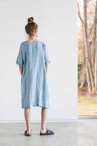 Vestido de lino sexy de manga corta con bolsillo, color gris claro, 100% lino, formal, de verano, a la última moda, tendencia 2026 - Product Image 6