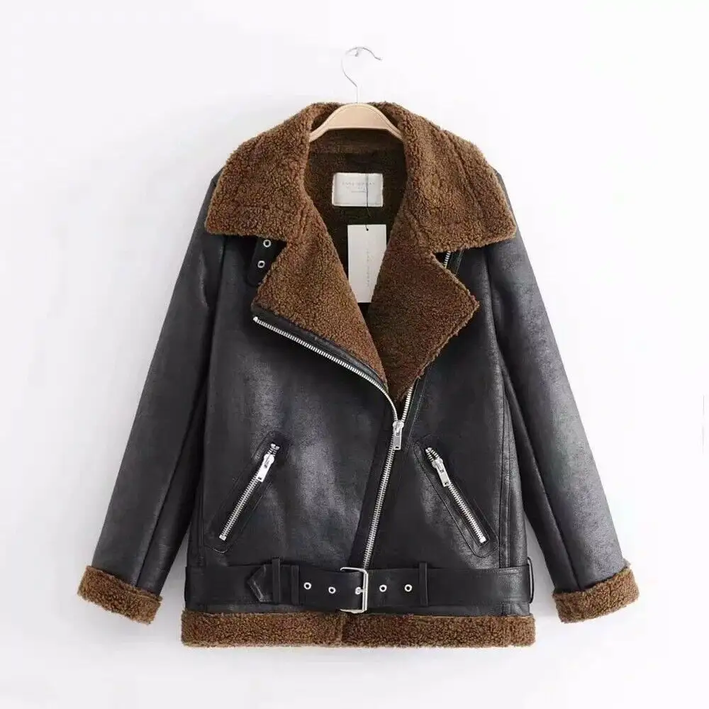 Womens Faux Leather Jackets Black Motorcycle Style Winter Fur Lined Coat With Wholesale Price