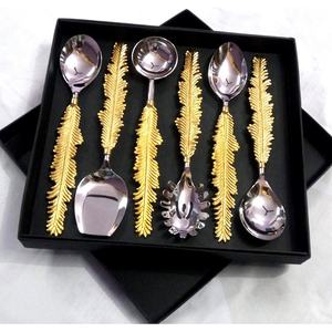 Ustensiles de service en acier inoxydable, avec motif de feuille d'or, poignée en Design, boite cadeau - Product Image 2