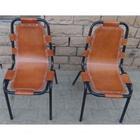 Chaise de salle à manger industrielle vintage rétro en cuir de chèvre véritable avec structure métallique, empilable, couleur marron, pour la maison ou la salle à manger de style safari