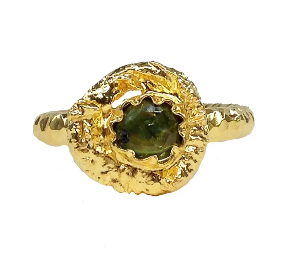 Dramatic Sterling Silver 925 Gold plated Hand Hammered Textured Faceted Green Tourmaline Gemstone Cocktail Unique Trendy Ring