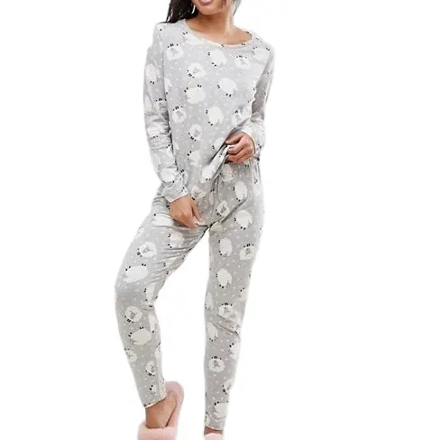 Pyjama deux pièces imprimé pour femmes, vêtements de nuit, style mouton, graphique Animal, pour adolescentes et jeunes femmes