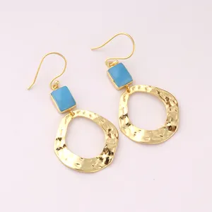 Factory supplier hammer design sky blue chalcedony drop earring brass vermeil jewelry unique design women drop dangle earrings