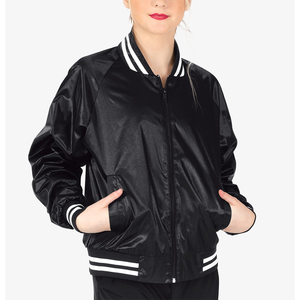 Chaqueta Varsity Negra de Satén para Mujer, Manga Larga, Cierre de Cremallera, Cuello Camisero, Ribete en Contraste, Ropa de Otoño - Product Image 1