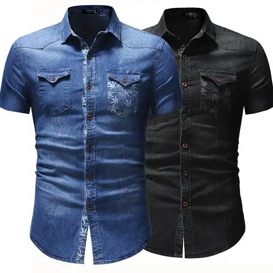 Wholesale Men's Casual Wear Blue Denim half Sleeve Slim Fit Shirt Jeans Shirts for Men