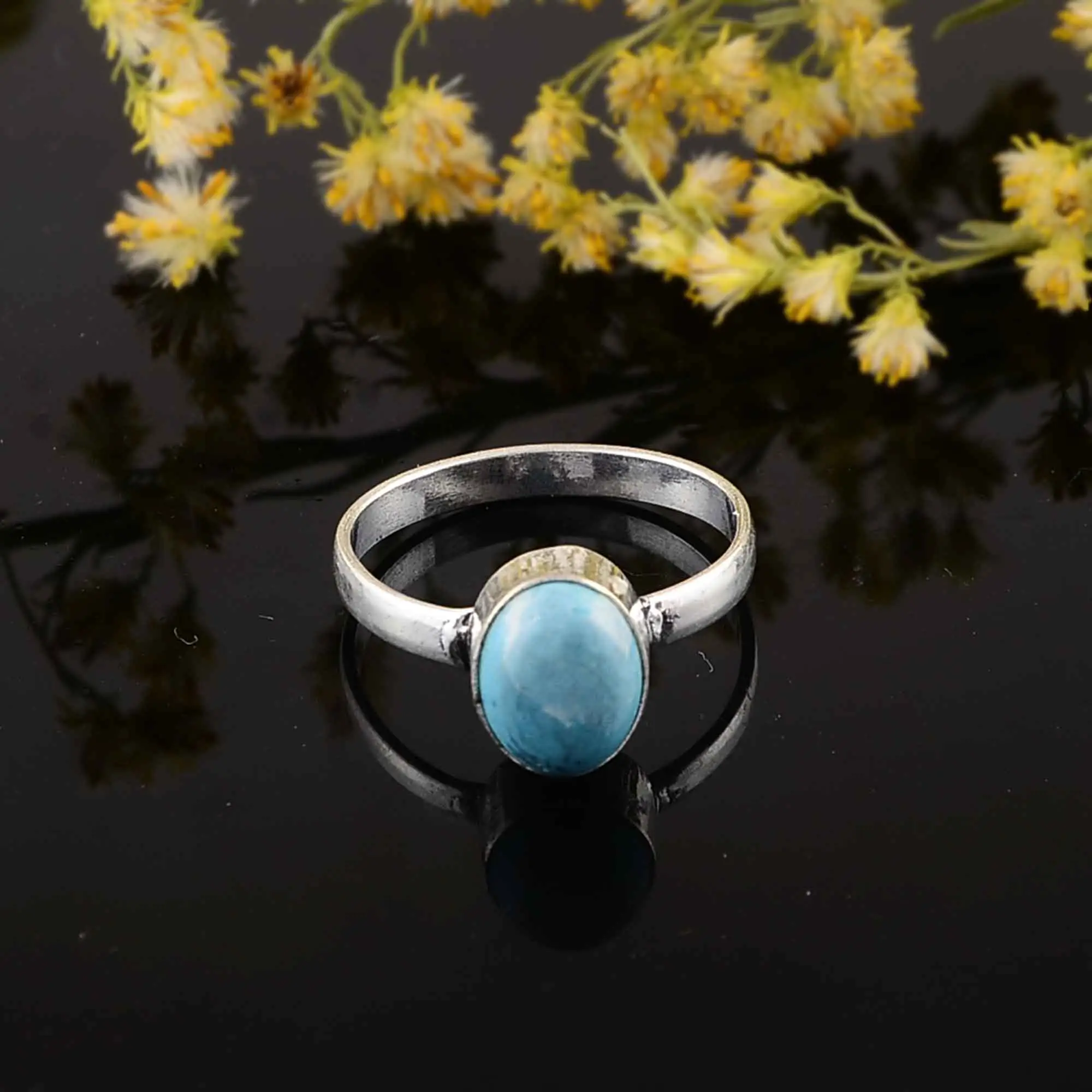 925ของแข็งเงินสเตอร์ลิง Boho แหวนแฟชั่นเครื่องประดับสำหรับผู้หญิงธรรมชาติ Larimar แหวนหินในราคาที่ผลิต