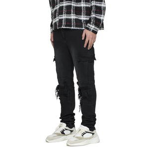 Custom High Quality <b>Men's</b> <b>Jeans</b> with Embroidered Logo Black Pocket and Cargo Pockets Casual <b>Biker</b> Denim Style - Product Image 4