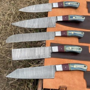 Juego de cuchillos de Chef de Damasco hecho a mano, mango de madera dura personalizado de fábrica, hoja fija, 5 uds. - Product Image 4