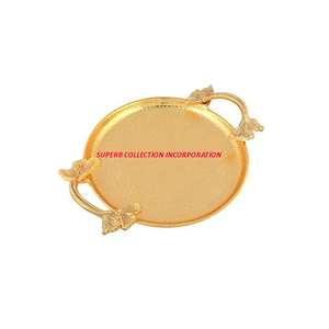 Classic Design Decorative Hammered Gold <b>Round</b> <b>Tray</b> With Floral Handles Metal Handmade Direct OEM Factory Sale on Hot Sale - Product Image 2