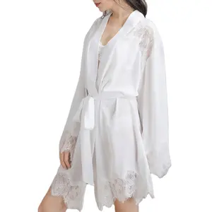 2022 Custom Female Lingerie Sleepwear Bride Wedding Kimono Bathrobe Gown Nightgown Sexy Lace Nightwear Satin Silk Robe Women
