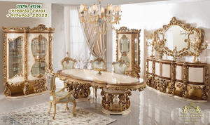 Lujoso juego de comedor de 10 plazas tallado pesado, juego de mesa de comedor tallado a mano con pulido dorado, juego de mesa de comedor lujoso de espalda baja - Product Image 4