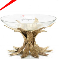 Tazón de metal y vidrio de alta calidad, tazón de servicio de forma redonda de trabajo elegante con soporte de metal dorado para decoración de boda