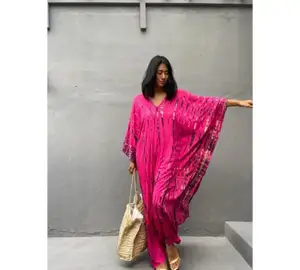 2024 Mới Đến Đầy Màu Sắc Kaftan Boho V-Đường Viền Cổ Áo Dài Tay Áo Rayon Caftan Cộng Với Kích Thước Dresses Cho Phụ Nữ Quần Áo Bãi Biển Bìa Up