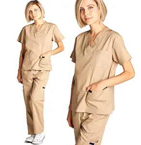 Custom Color Silky Hospital Nurse Uniform Top & Pant Sets 2 Piece Cargo Pocket V Neck Nursing Medical Scrubs For Mens & Womens