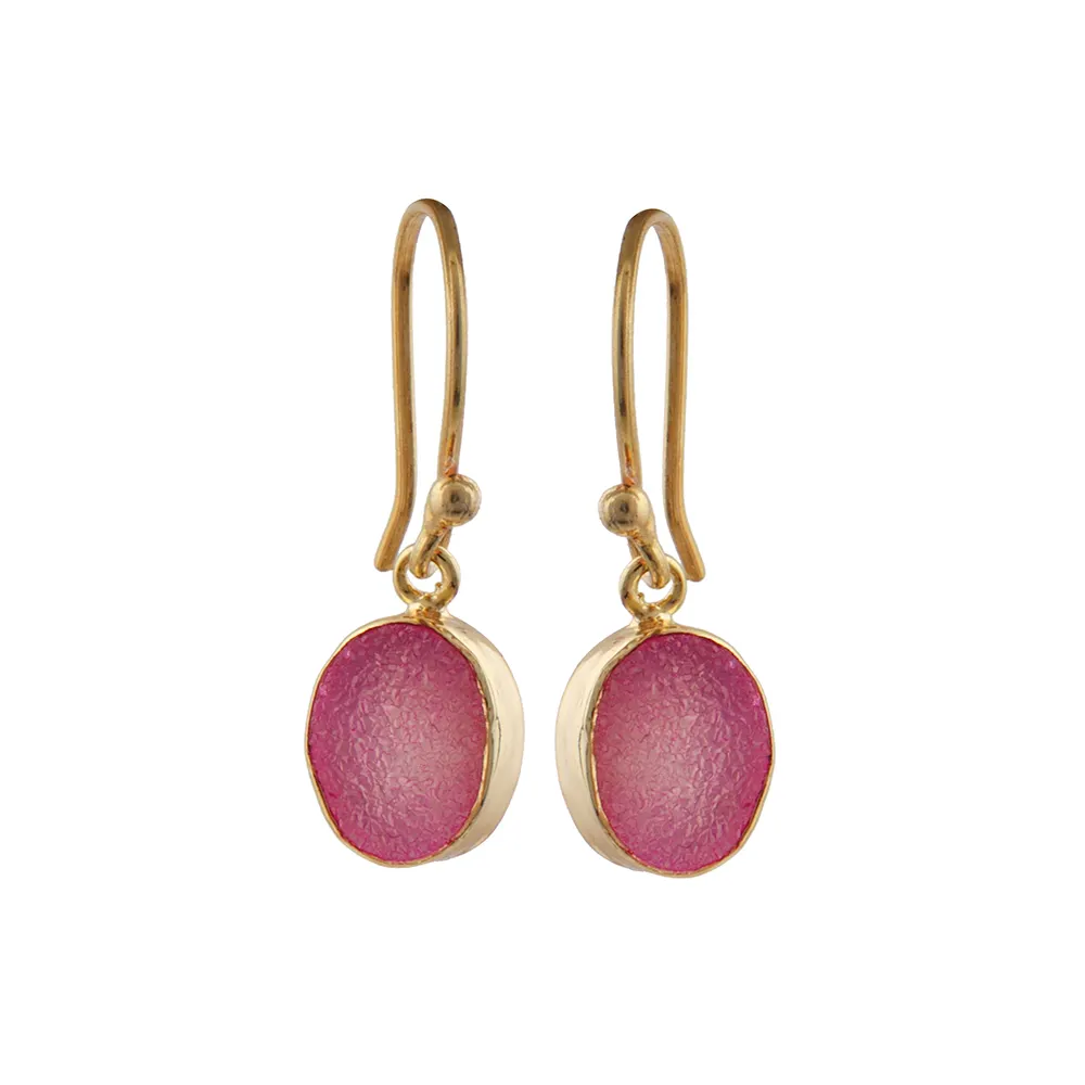 Pink Agate Druzy Gemstone Hook Earrings Collet Setting gemstone Hook Womens Earrings Gold Plated Jewellery Mode Joyas E-1274