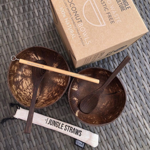 Vietnam 2 coconut bowls with coconut spoons bamboo straws sets in brown kraft box customs labels