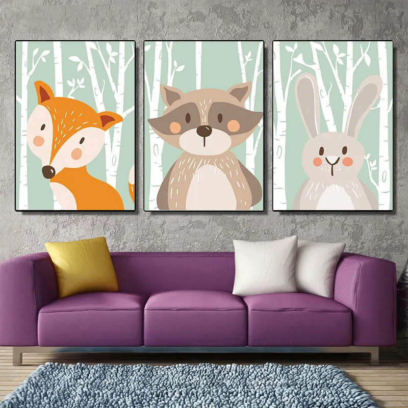 Cartoon Forest Animals Poster Prints Rabbit Fox Bear Canvas Painting For Kids Bedroom Home Decor