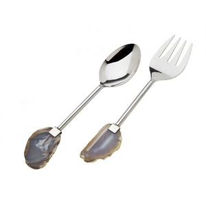 Ensemble de cuillères à salade en acier inoxydable avec manche en agate brune pour la maison, les mariages, les fêtes, cuillères à salade personnalisées de luxe - Product Image 1