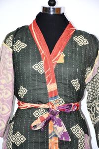 Beautifully Designed Silk Sari Quilted Kantha Jacket Black <b>Kimono</b> Full Sleeves Quilted <b>Kimono</b> <b>Robe</b> for Women - Product Image 2