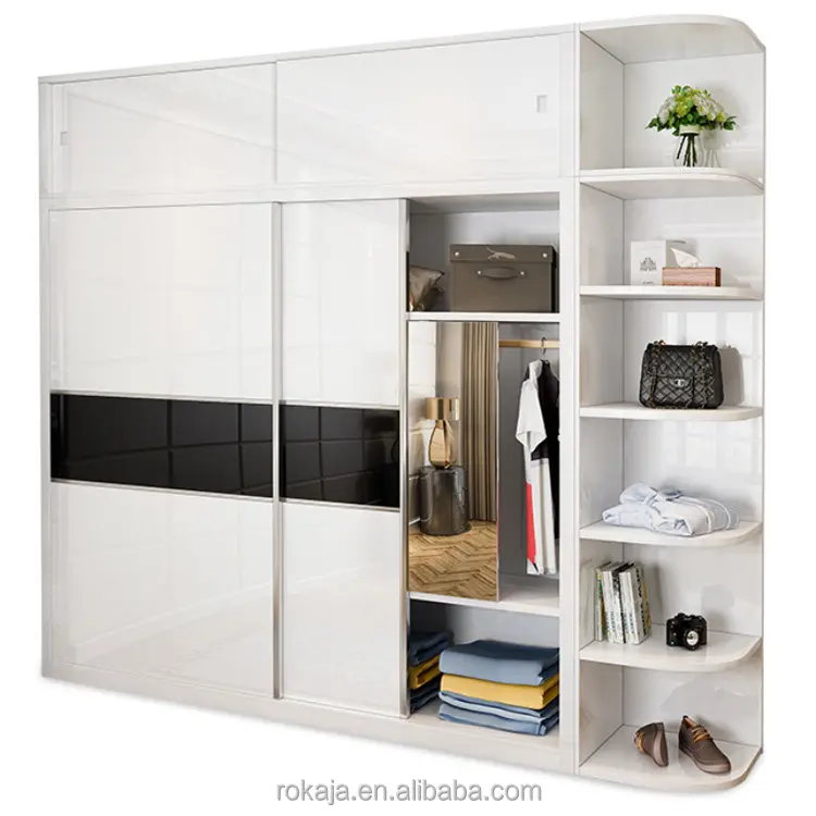 Moderne weiße Holz garderobe mit Spiegel Minimalist Push And Pull 2 Tür schränke Mode Kleider schrank