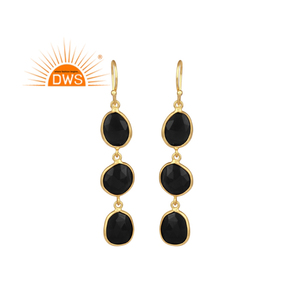 Fabulous <b>Indian</b> Gold Plated Designer Silver Bezel <b>Set</b> Drop Earrings Black Onyx Gemstone Earrings Jewelry Manufacturer - Product Image 1