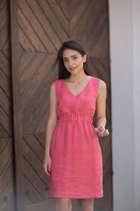New arrival fashionable trending latest sexy pink color crepe fabric v-neck sleeveless mini length for sexy women linen <b>dress</b> - Product Image 3