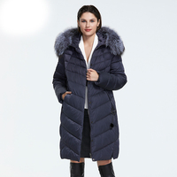 Manteau long parka décontracté pour femme de qualité supérieure, avec col en fourrure de renard véritable et boutons recouverts, garni de plumes de haute qualité