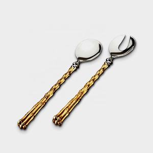 Reusable <b>Gold</b> Brass Bamboo Design Handle Salad Serving Set Wedding Table Decorative Salad Server Set - Product Image 1