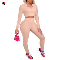 Ensemble tricot doux pour femmes, 2 pièces avec col rabattu et manches longues, fermeture éclair, vêtements de sport, nouvelle collection 1/4