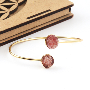 Unisex <b>Adjustable</b> Brass Gold Plated Strawberry Quartz <b>Bracelet</b> Natural Raw Look Wholesale Supply Fashion Bangle Factory Price - Product Image 4